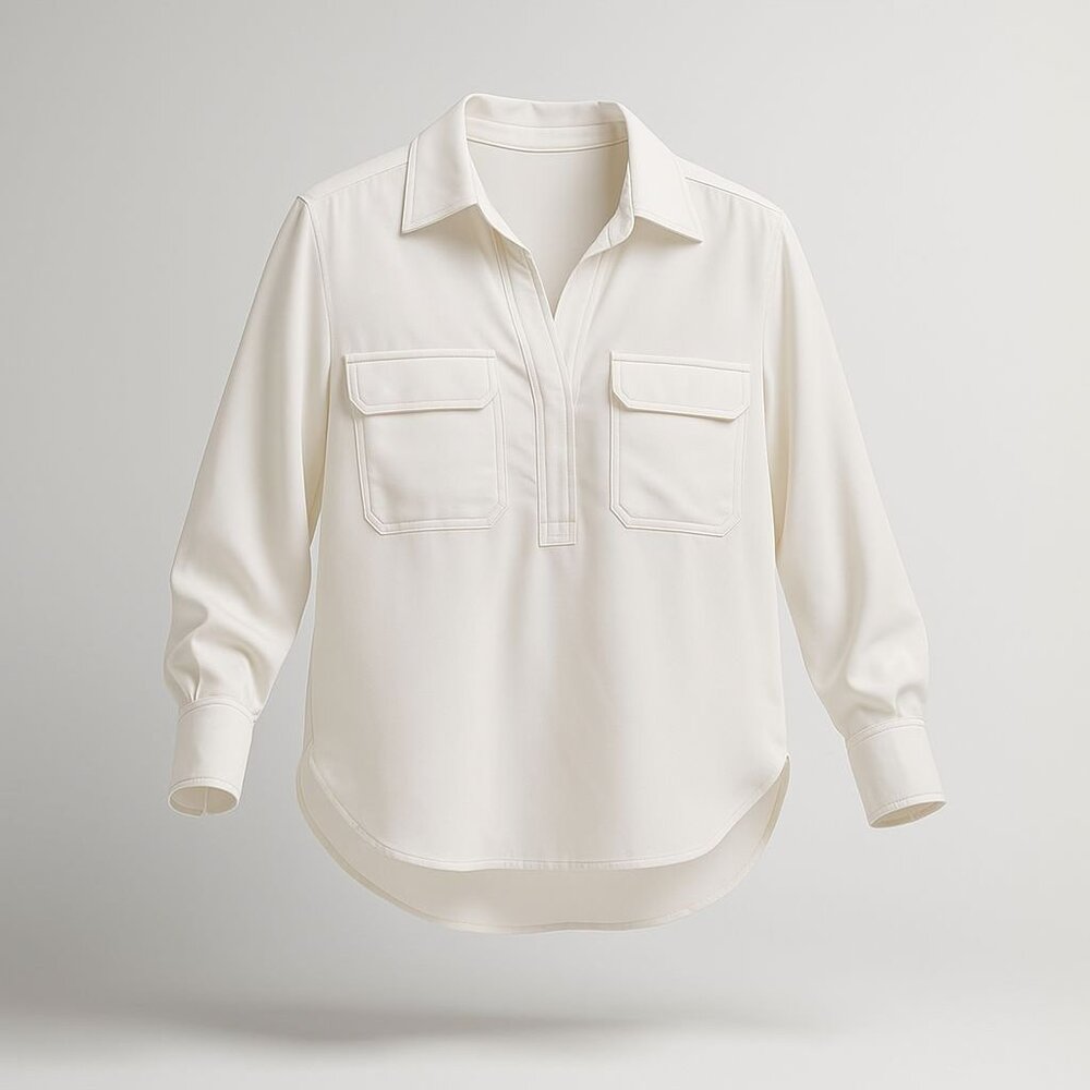 Madewell Contrast-Stitch Popover Shirt Women Small Winter White Crepe Blouse NWD